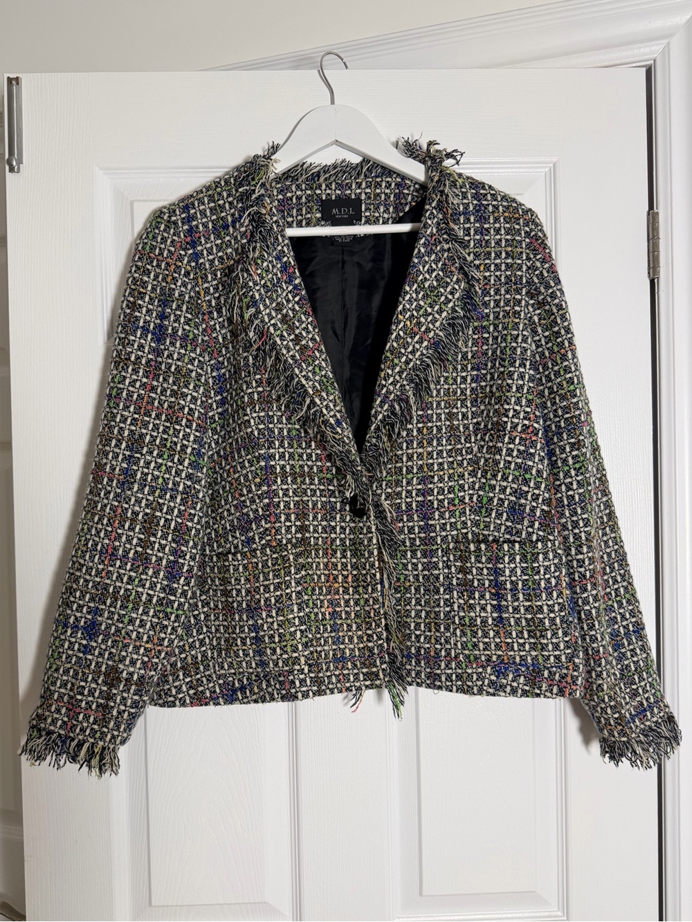 Vintage M.D.L. New York Multicolor Tweed Bouclé Fringe Blazer Jacket Size 12